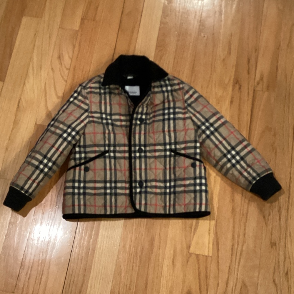 Burberry Beige Plaid Kids Puffer Jacket with Black Trim